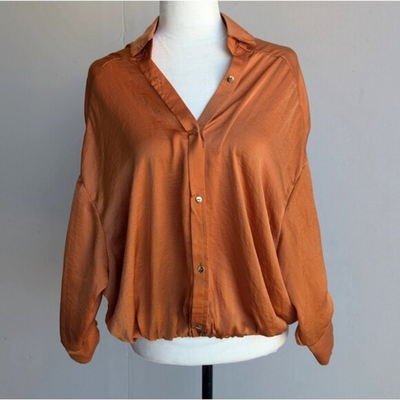 12th Tribe Satin Orange Button-Up Blouse - Picture 1 of 4